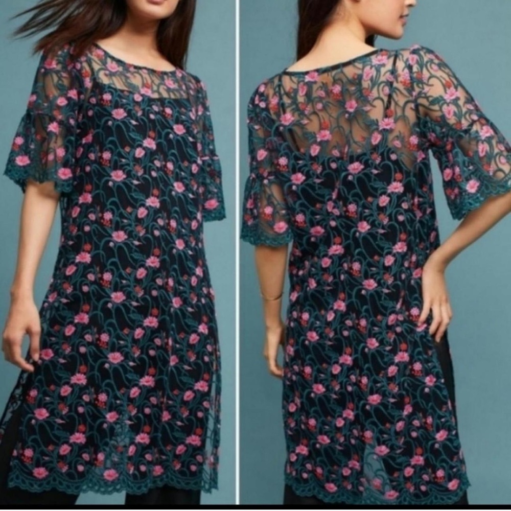Anthropologie Moulinette Soeurs Floral Embroidered Mesh Tunic Dress - Picture 2 of 9